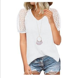 MIHOLL Women's Lace Short Sleeve V Neck Shirts Loose Casual Tops Tee Shirt